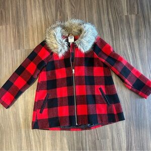 Old Navy Red and Black Plaid Kids Jacket with Faux Fur Collar